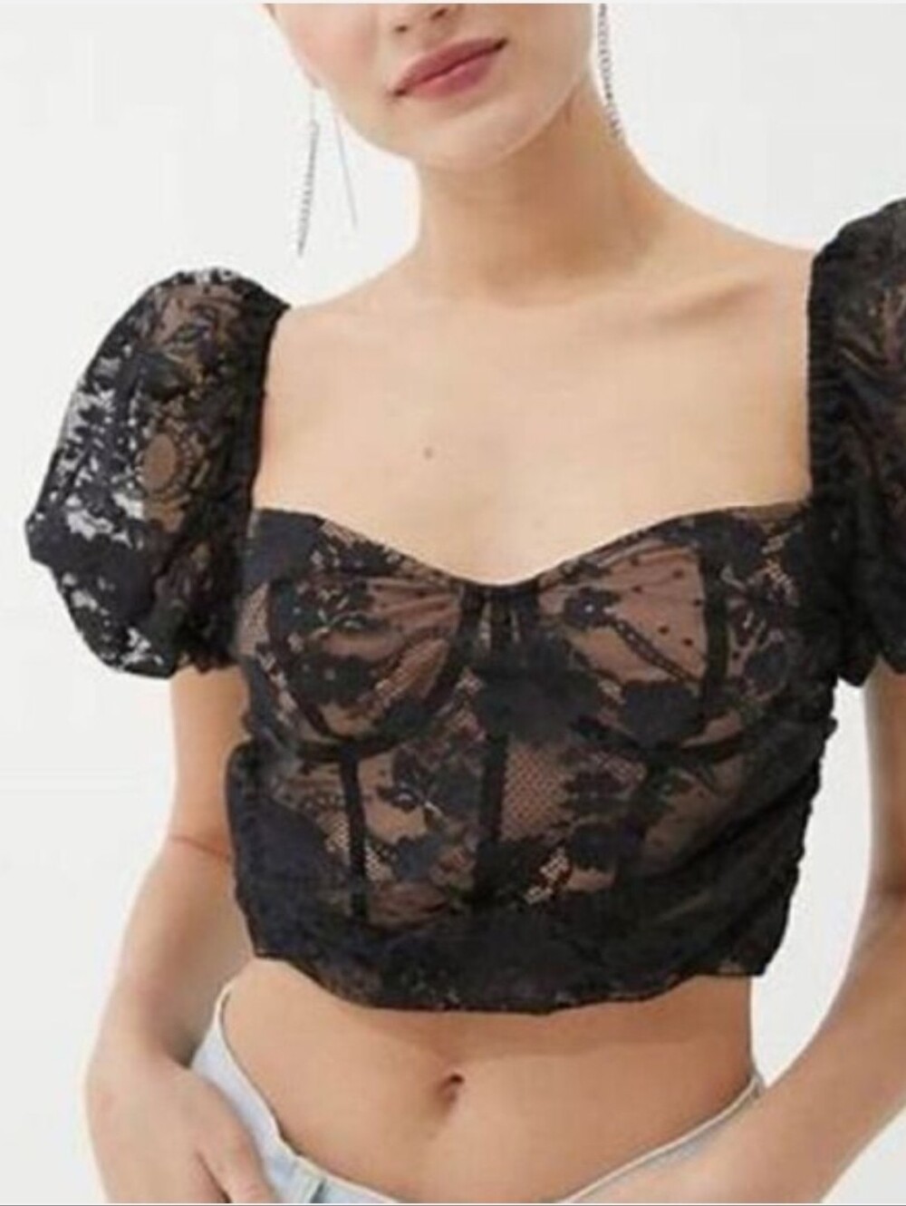 For Love And Lemons Rosalie Black Crop Top Lace Puff Sleeve Size S